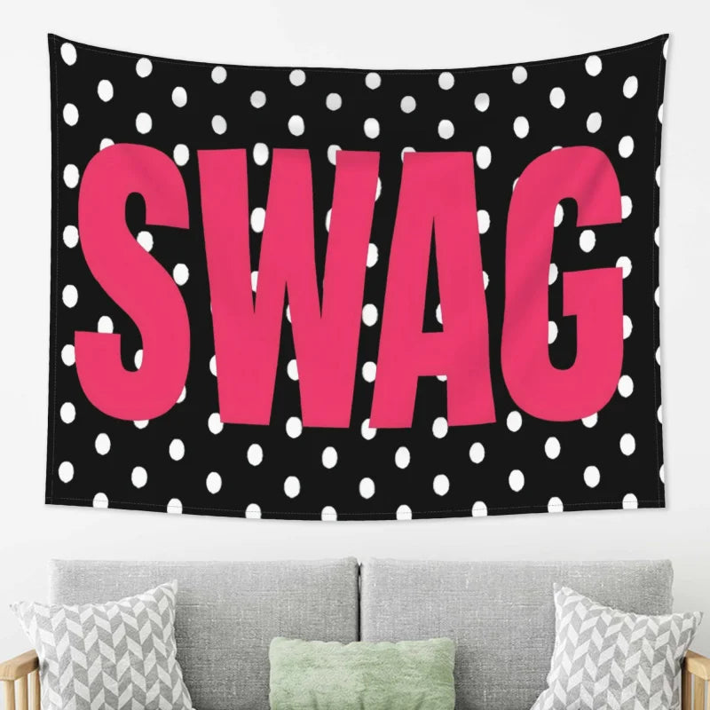 VIKAMA Polka Dot SWAG Tapestry Bold Pink Letter Wall Hanging for Bedroom Dorm Room Aesthetic Decor Trendy Wall Blanket