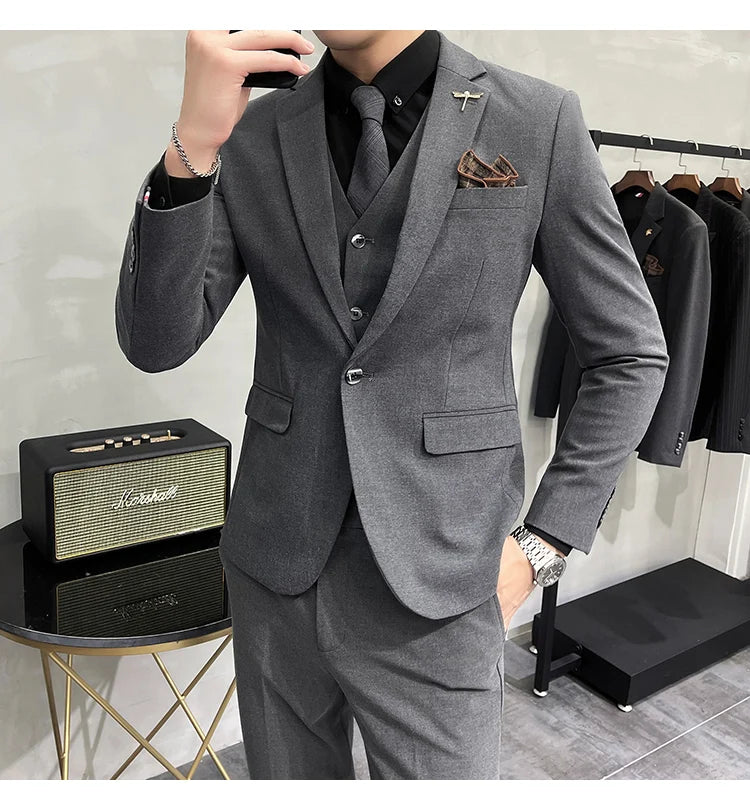 Blazer Vest Pants Men's Navy Blue Suit Set Slim Fit Blazer Vest Pants Formal Outfit for Business Wedding Office Groom Party
