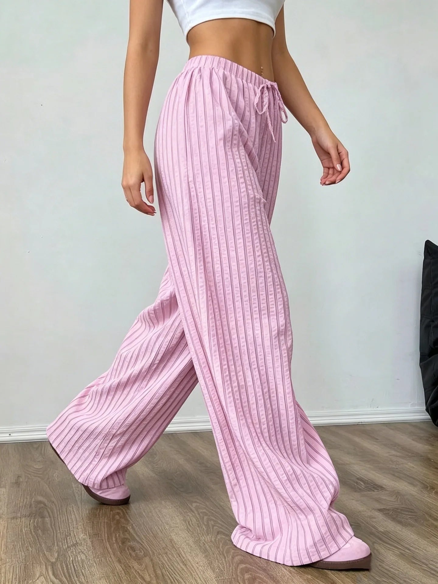 Women's Casual Striped Wide-Leg Pants   Summer Commute Fashion Drawstring Elastic Waist  Versatile Relaxed Straight Leg Trousers