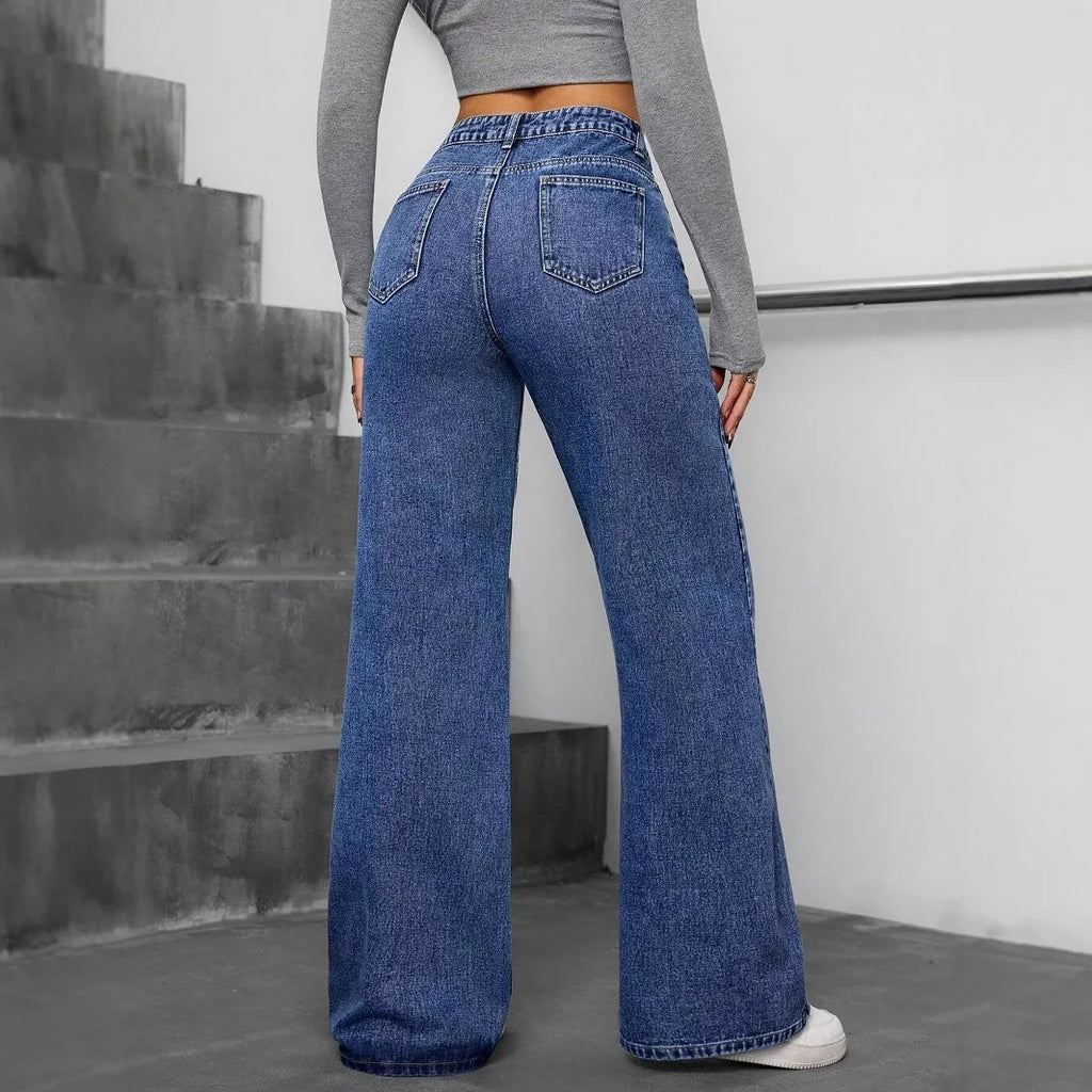 Denim Straight Pants Women Pearls Spliced Jeans High Waist Washed Basics Ankle Length Trousers Streetwear Pant Solid Autumn