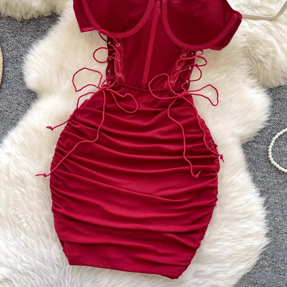 Foamlina Ins Sexy Hollow Out Sling Dress with Exposed Waist Bandage Pleated Slim Fit Bodyocn Girl's Photo Date Short Dress