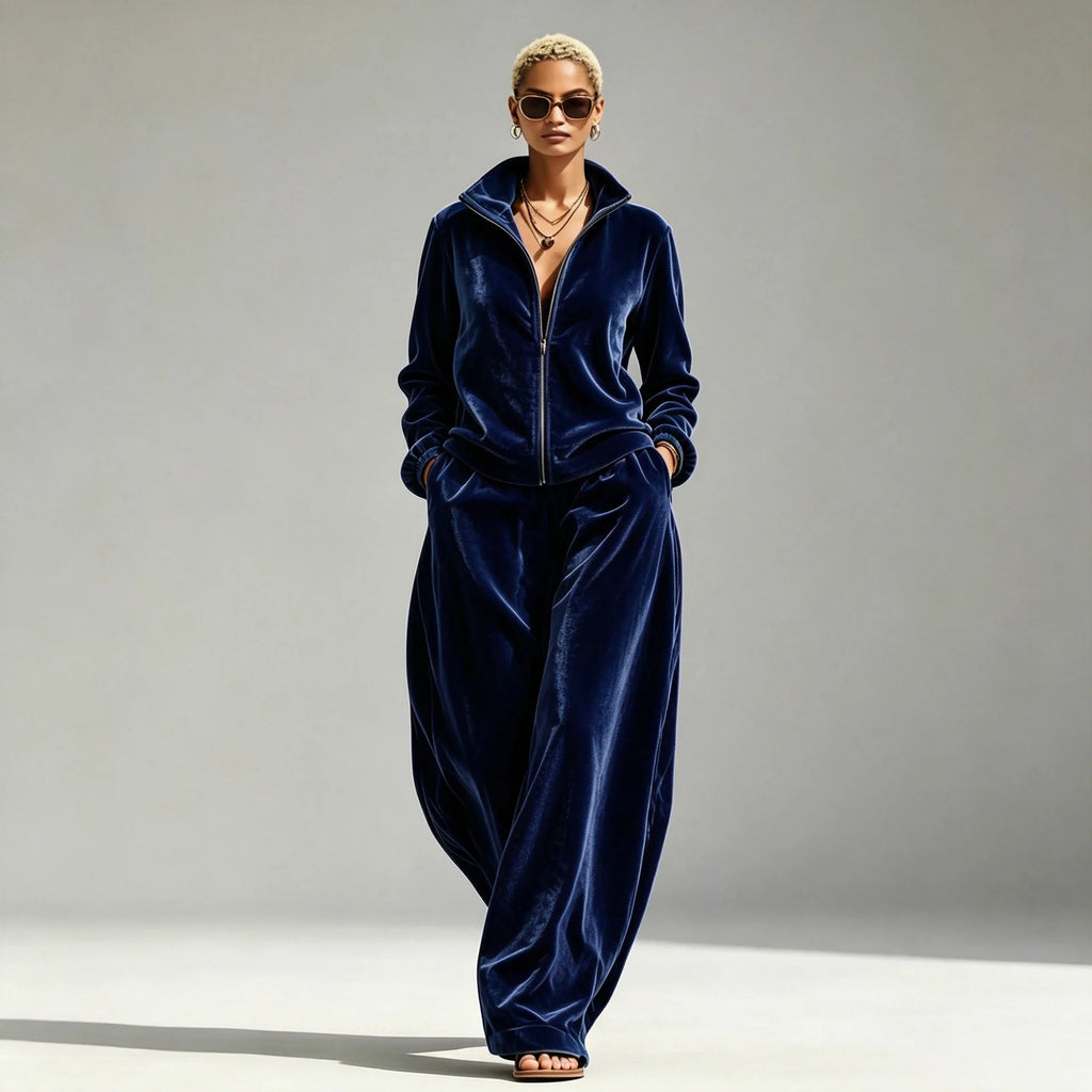 Autumn Winter Warm Gold Velvet Two Piece Set Women's Fashion Solid Zipper Open Coat With Wide Leg Pants Set Ladies Office Outfit