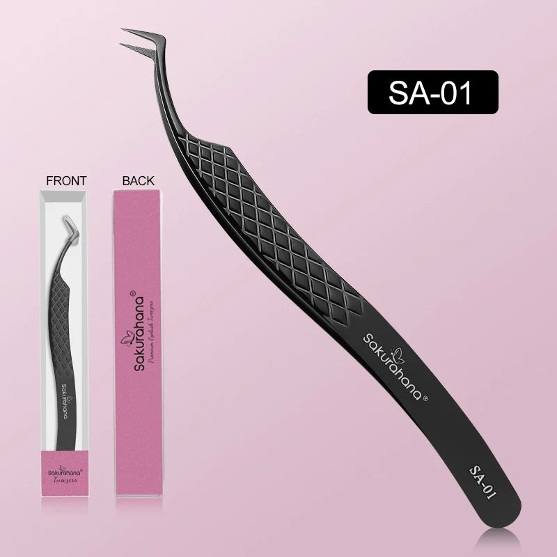 SAKURAHANA High-end Eyelash Tweezers Black Fiber Tip For Lash Extensions Mega Volume Mink Lashes Tool Straight Head Curved Tip