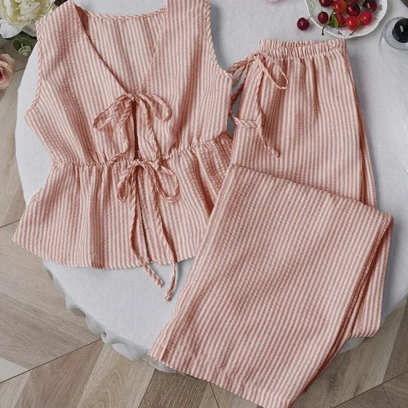 UNXX Summer Solid Color Striped Suit Casual Lace All-match Vest Loose Lace Trousers Sweet Suit Women's Business Two-piece Set