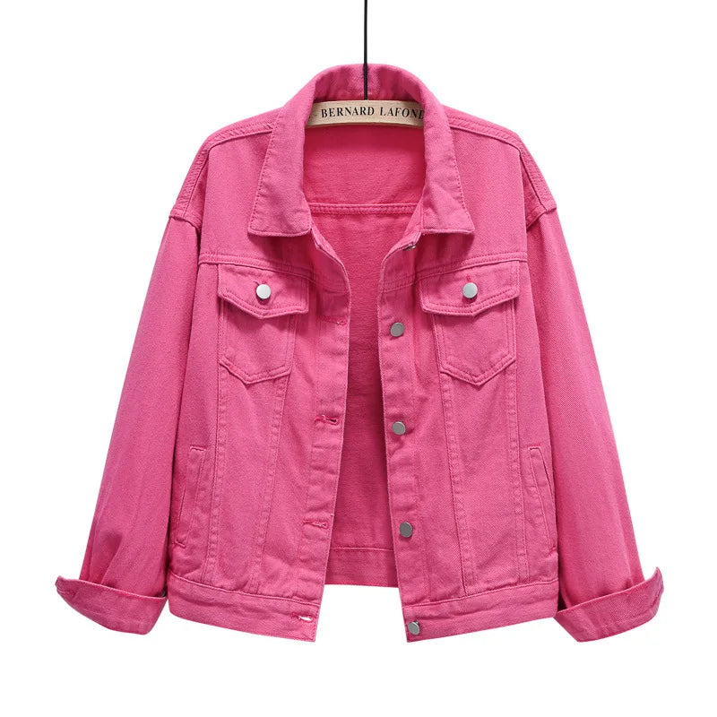 Pink Denim Jacket Women's Spring Autumn Single-breasted Lapel Coat Fashion Green Black Red Blue Outerwear Female Jean Overcoat
