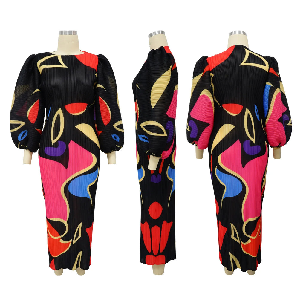 Elegant Women Pleated Half Lantern Sleeve O-neck Slim Maxi Long Dress Print Fashion Autumn 2025 Ruched Dresses Vestidos