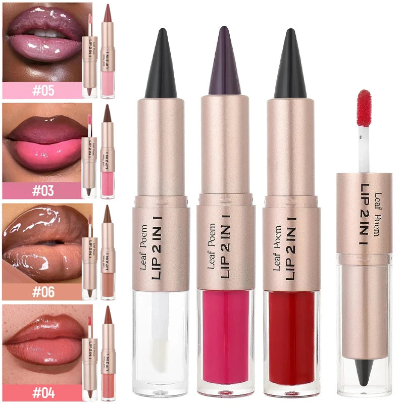 2 in 1 Lip Liner & Lip Gloss Waterproof Double Ended Matte Contour Pencil Crystal Mirror Lip Glaze Lasting Non Sticky Lip Makeup