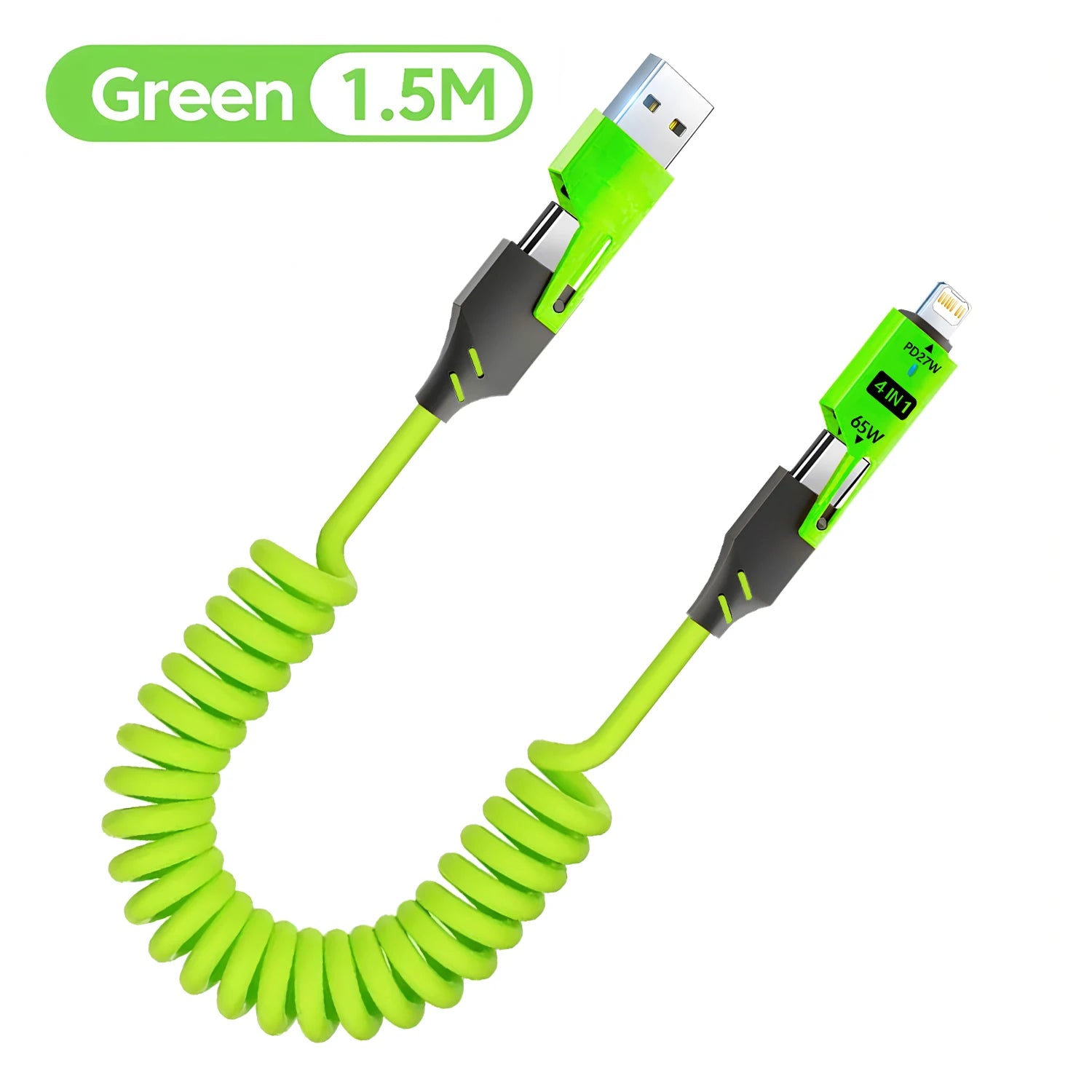 1/2PCS 4-in-1 Spring Data Cable & 65W Quick Charger: 6A USB Type-C Telescopic Wire Compatible with iPhone/iPad/MacBook/Huawei