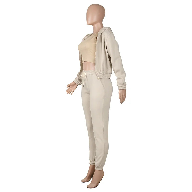 Active Wear 3 Piece Sets Womens Outfits Tracksuit Hooded Jacket Top + Vest + Sweatpants Sporty Suit Fitness Casual Matching Sets