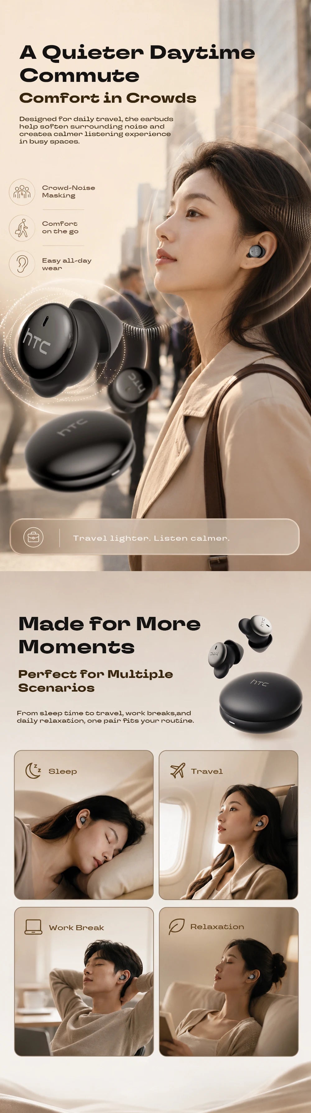 HTC NE92 Sleeping Mini Bluetooth Earphones TWS Wireless Headphones With Mic Noise Reduction Soft In-Ear Earbuds