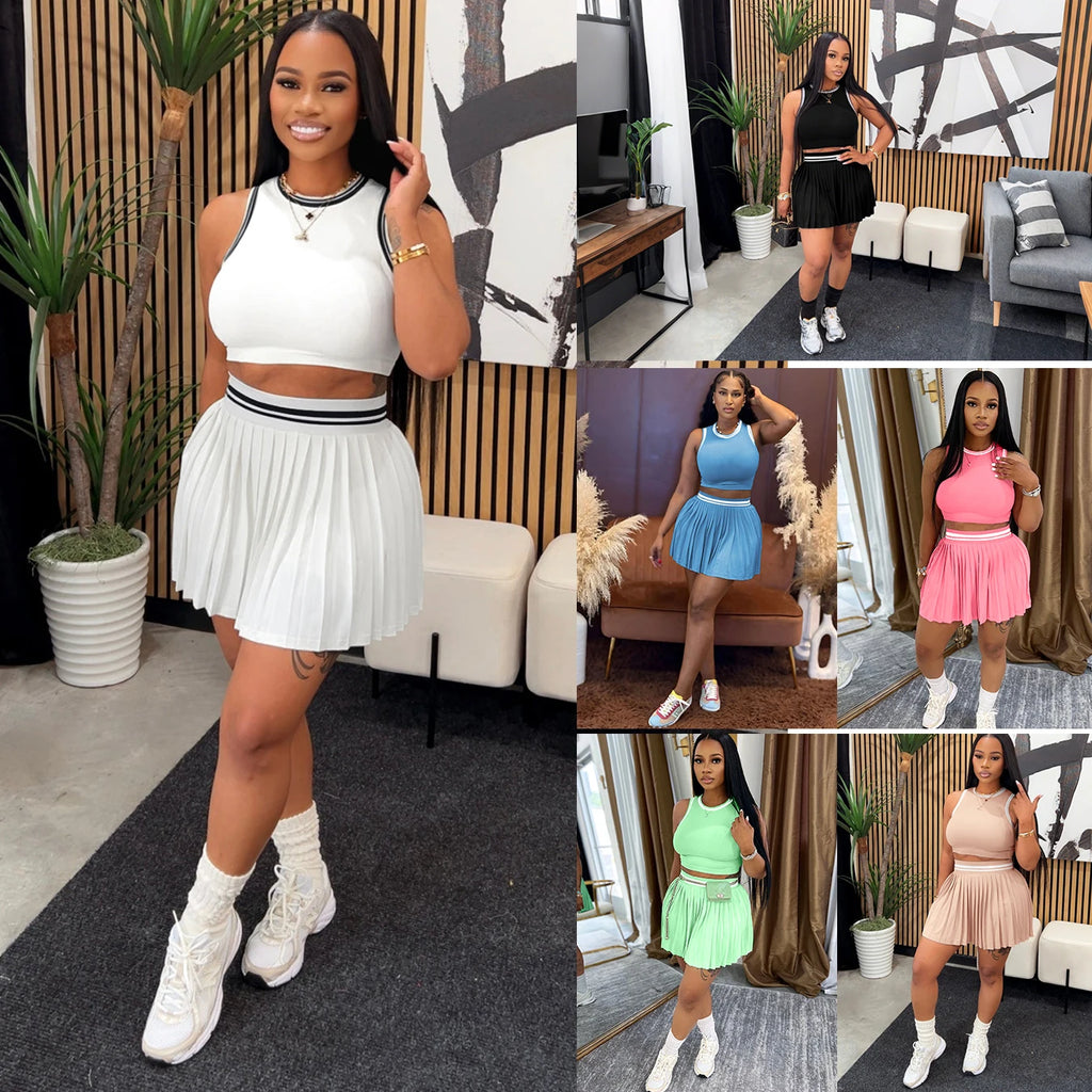 M3089 Women Solid Color Two Piece Set Sleeveless Crop Top & High Waist Pleated Mini Skirt Tennis Style Outfit
