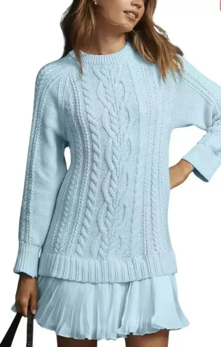 2025 Winter Long Sleeve Twist Knitted Sweater Dress Woman Ruffle Chiffon Pleated Dresses Fall Solid Warm A-Line Pullover Dress