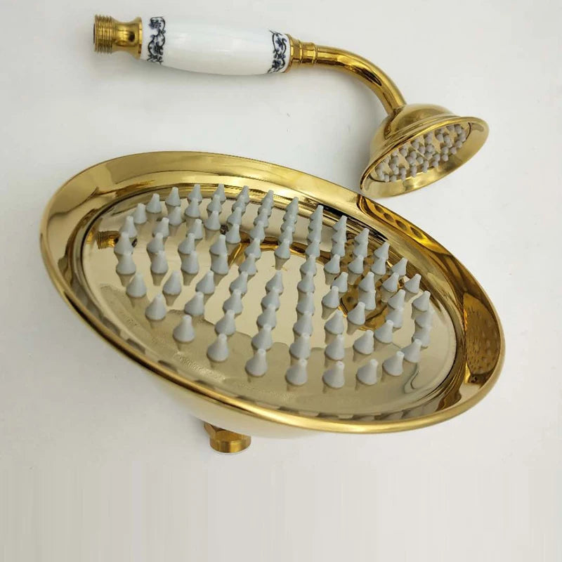 8 Inch Round Ceramic Handle Shower Head Bathroom Solid Brass Copper Rain Shower Head Waterall Hand Shower