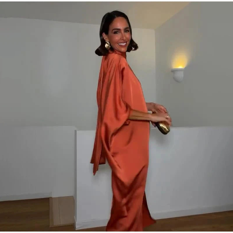 Women Solid Satin Maxi Dress High Neck Batwing Sleeve Loose Fit Front Slit Dresses Lady 2026 Summer Elegant Evening Party Outfit