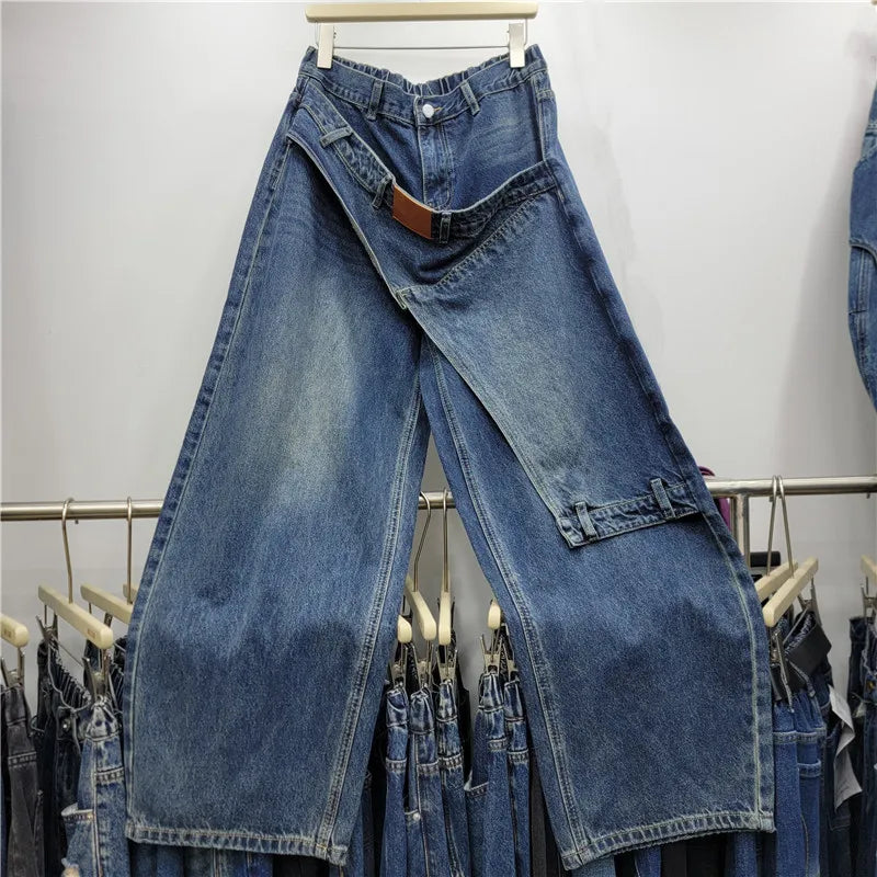 American Retro Hot Chick New Spring Autumn Wide Leg Jeans Personality Denim Splicing All-match High Waist Blue Straight Pants