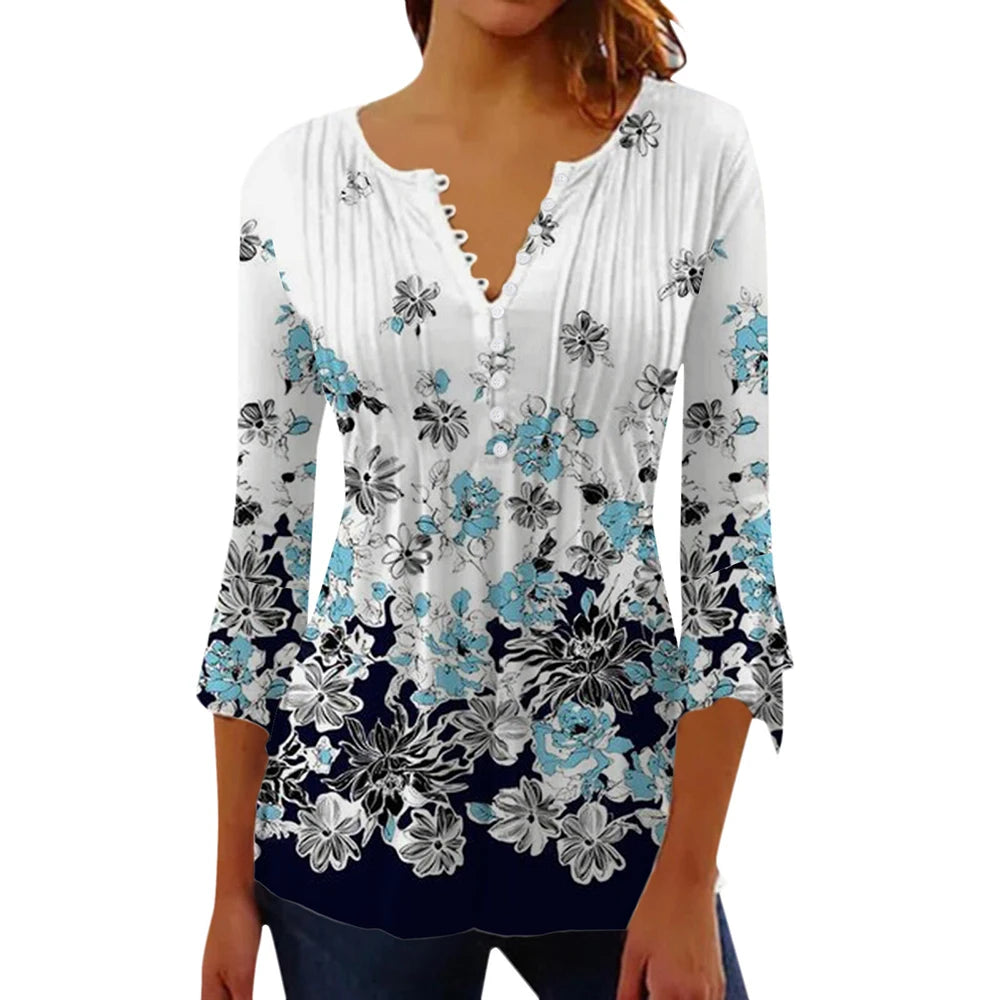 Women's V-Neck Button-Down T-Shirt Street Fashion Clothing New Summer High Quality Loose Casual Seven-Quarter Sleeve T-Shirt
