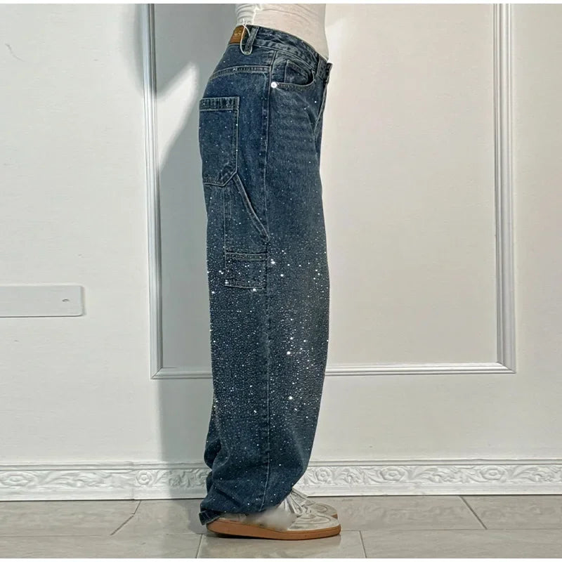 Shiny Rhinestone Baggy Women's Wide Leg Jeans Full Diamond Wide Leg Dragging Denim Pants Vintage Washed Pants Casual Trousers
