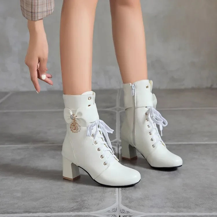 Winter Fashion British Style Round Head High Heels Women Boots Black White Pink Sweet Butterfly-Knot High Heels Women Boots