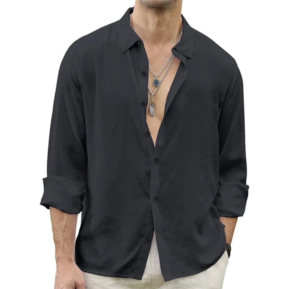 Men Beach Shirts Cotton Linen Shirts Men's Causal Loose Solid Color Long Sleeves Men's Autumn Hawaiian Streetwear