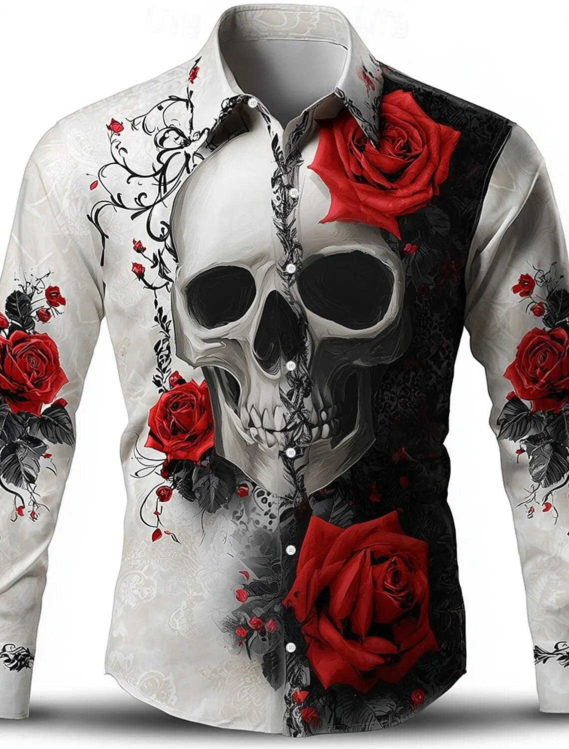Skeleton Rose Skulls Men's Long Sleeve Shirt Button Up Shirt  Gothic Style Streetwear Turndown 3D Print Shirts Men Clothing