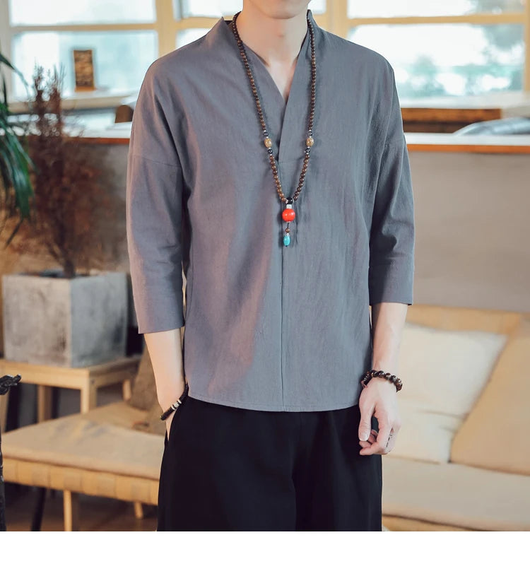 Summer Kimono Japanese Style Short Sleeve Men New Half-sleeved Cotton Linen Breathable Men Clothing T-shirt Japanese Yukata Tops