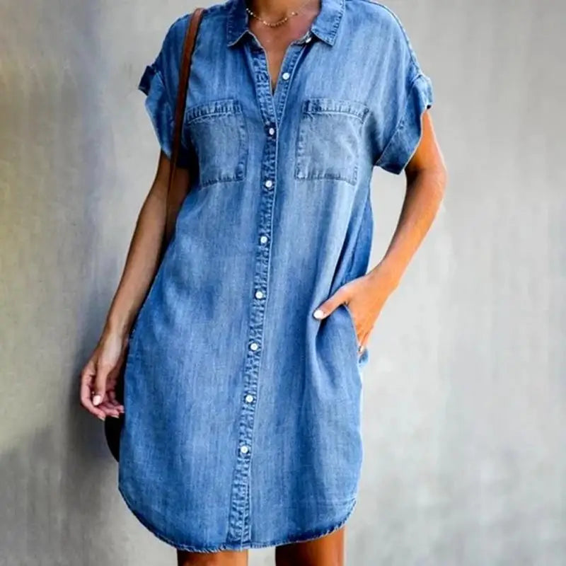 Summer Women's Denim Shirt Dress Single Breasted Casual Loose Pocket Retro Simple Denim Short Skirt