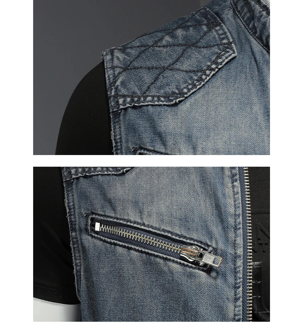 DIMUSI Mens Denim Vests Vintage Fashion Design Retor Sleeveless Jackets Men Streetwear Ripped Hole Punk Jean Waistcoats Clothing