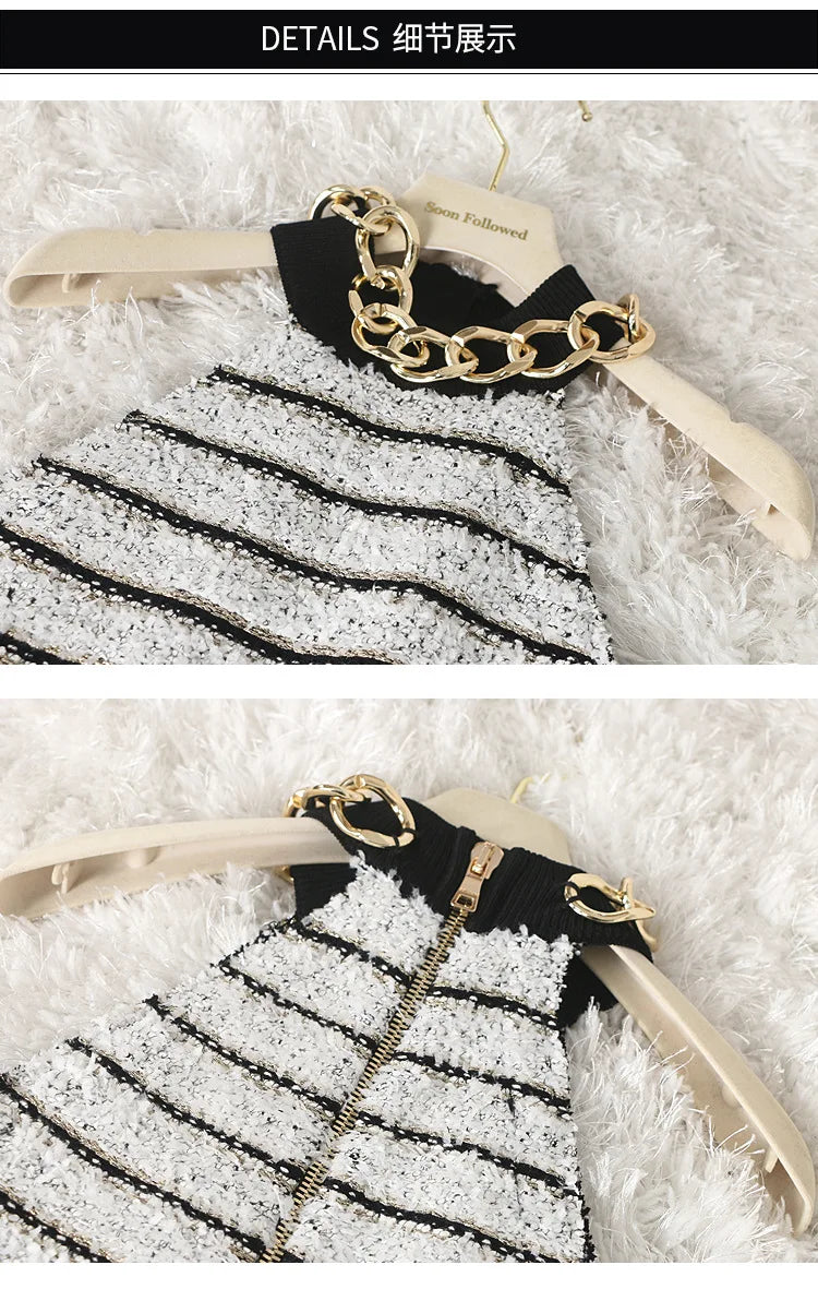 HIGH STREET Newest 2026 Designer Fashion Halter Neck Metal Chain Sleeveless Knit Striped Dress