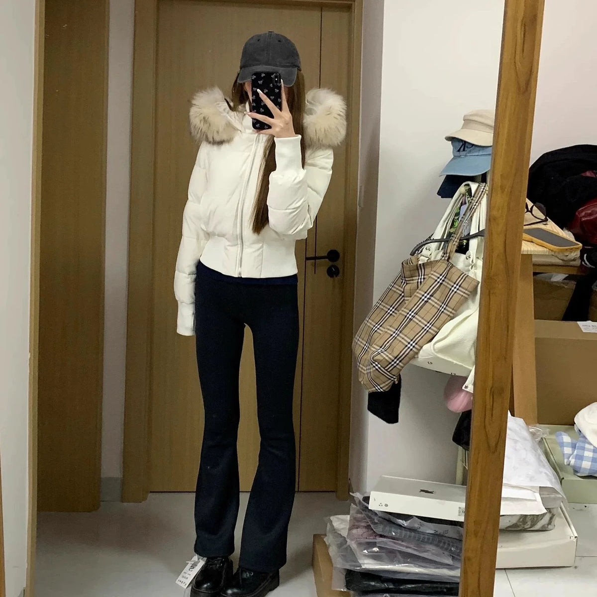 Winter New Women's Faux Fur Hooded Thick Padded Coat Slim Waist Short Cotton Jacket Sweet Style Warm Outerwear Parka