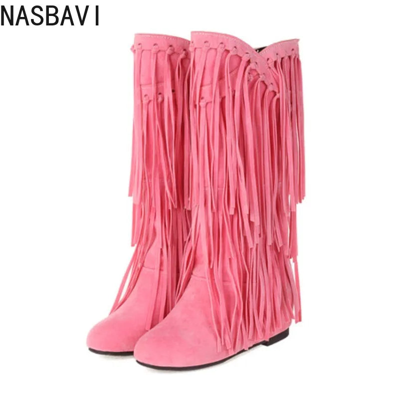 2025 New High Boots Women Bohemian Flock Tassle Mid-Calf Boots Wedge Booties Autumn Winter Ethnic Casual Shoes zapatos de mujer