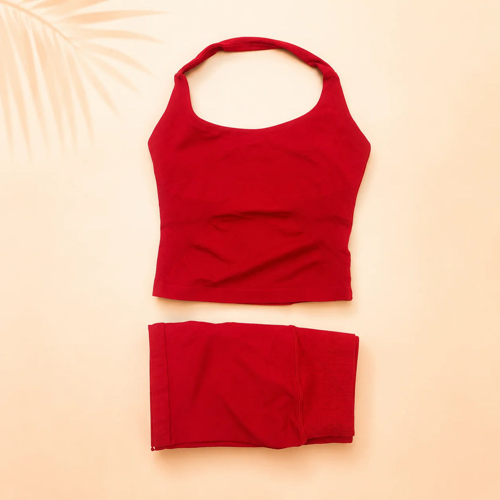 Women Halter Neck Workout Set Seamless Tank Top High Waist Leggings Yoga Gym Fitness Sportswear 2PCS Set