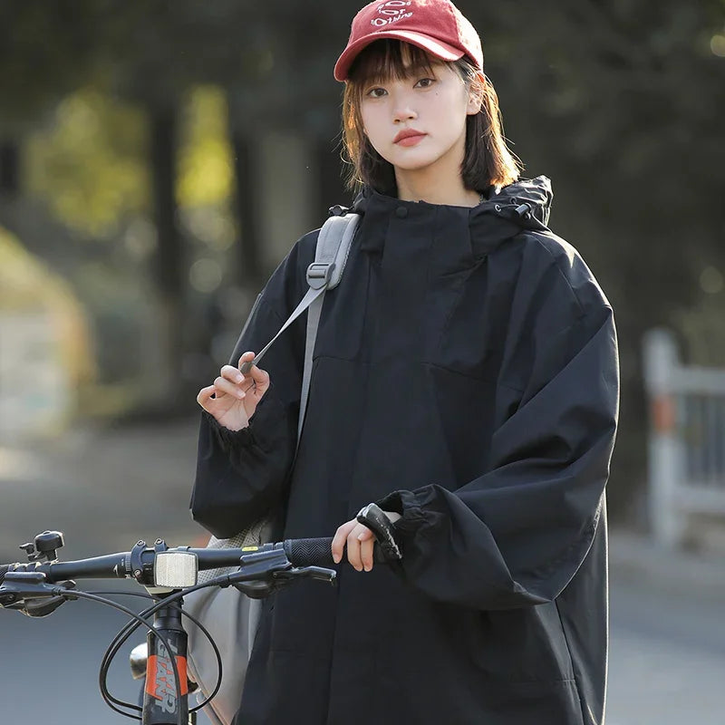 Women Outdoor Waterproof Cycling Jackets Autumn Winter Multi-Pocket Workwear Climbing Clothes Lightweight Loose Windbreaker Coat