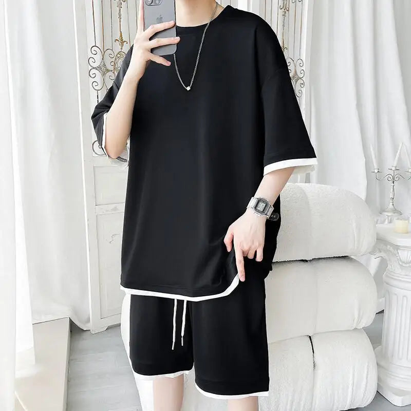 Men's Solid Color 2-Piece Outfit Short Sleeve T-Shirt & Drawstring Elastic Waist Shorts Set Casual Lounge & Streetwear Clothing