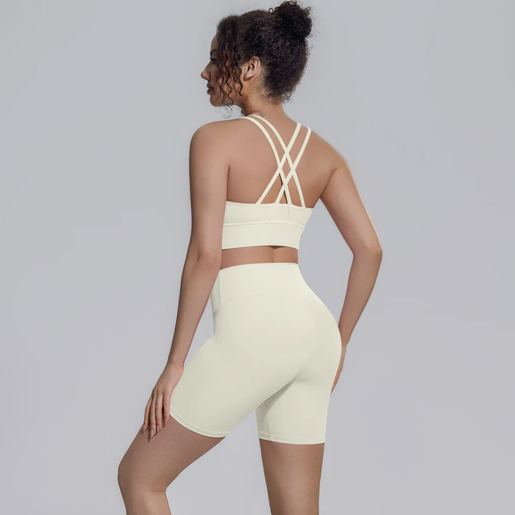 2PCS/set Yoga Set Summer Breathable Running Cycling Backless Sports Bra High Waist Peach Buttocks Fitness Shorts Gym Yoga Set