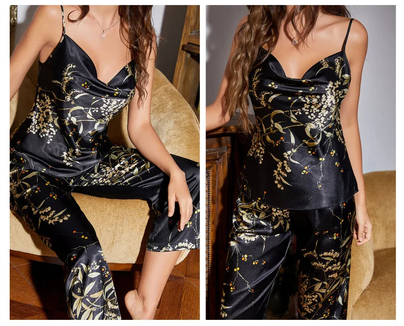 Women 4PCS Pajamas Kimono Bathrobe Nightgown Print Cherry Flower Trouser Suit Sleepwear Loose Satin Home Wear Pyjama Pour Femme