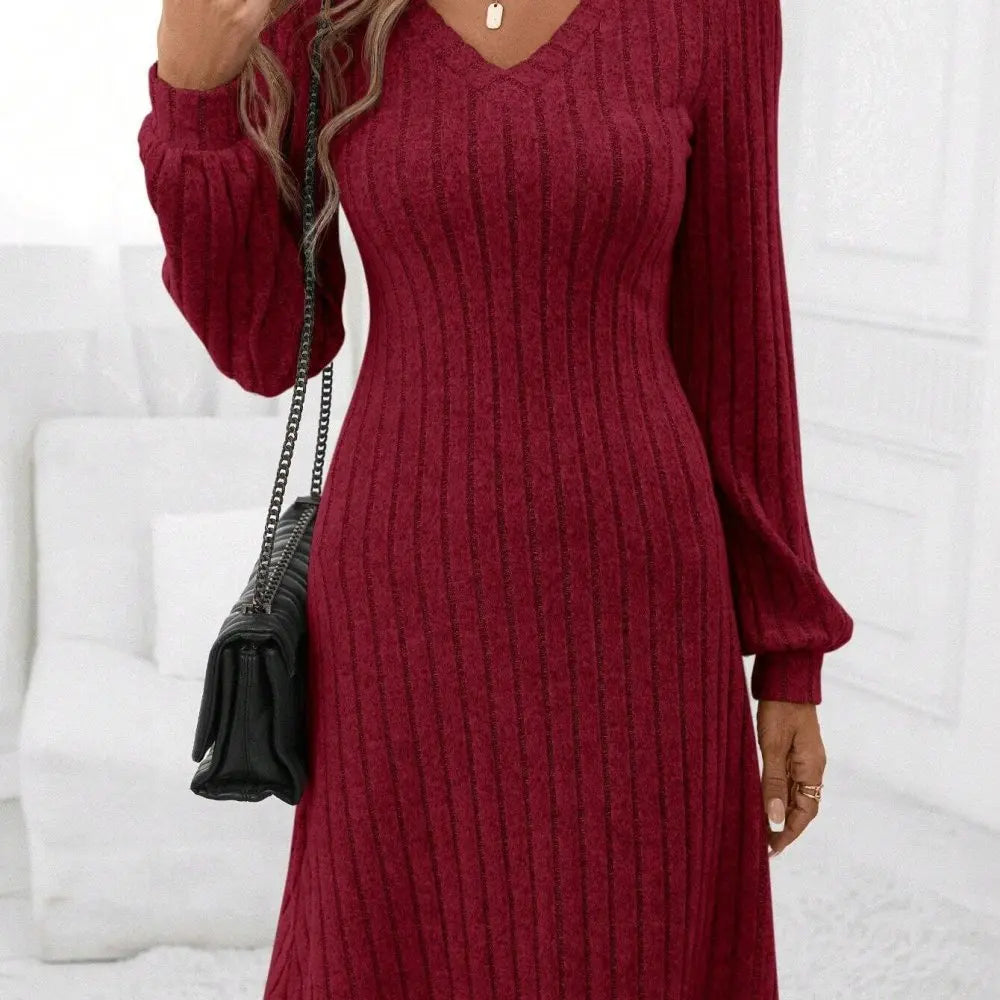 Womens V Neck Brushed Ribbed Knit Dress Long Sleeve Slim Fit Autumn Winter Casual Pullover Solid Color Streetstyle