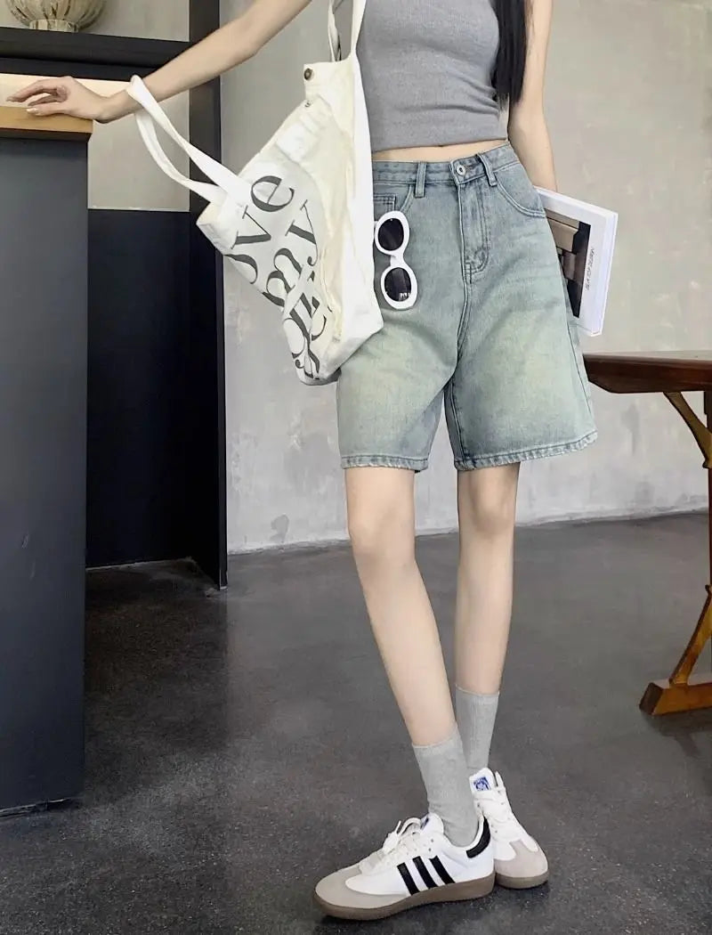 Denim Shorts Vintage High Waist Loose Fit Distressed Design Ins Style Sweet Spicy Girls All-match Casual Summer Streetwear Y2k