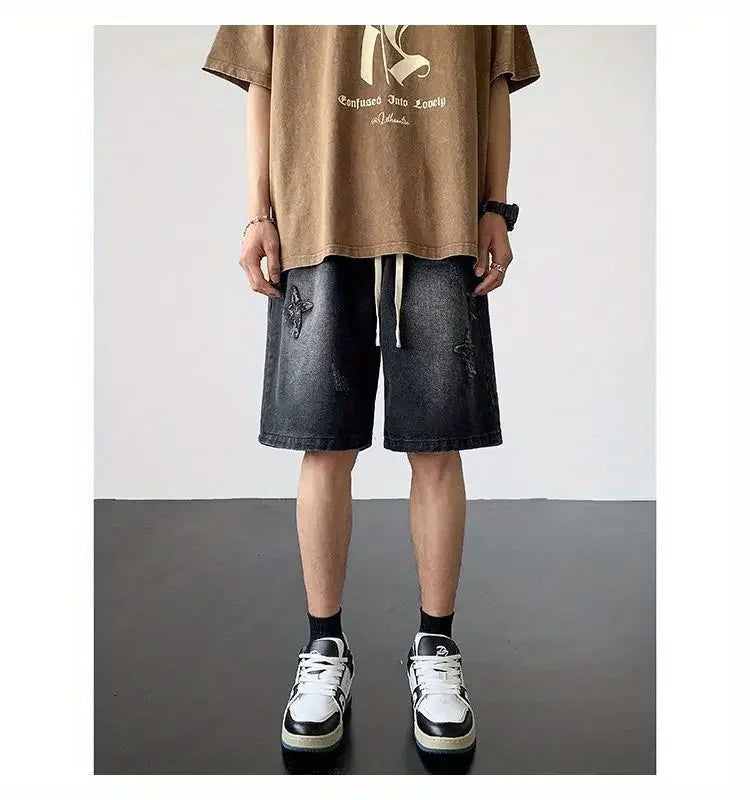 Embroidered Denim Shorts Men's Summer American Retro Street Five-point Pants Trendy Brand Trendy Loose
