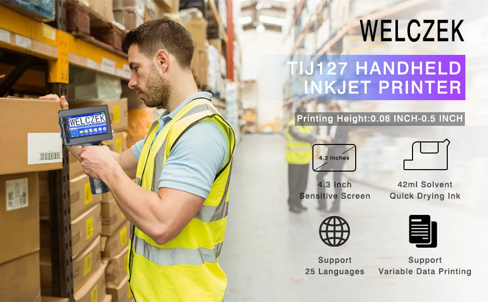 Handheld Inkjet Printer Gun 4.3" Touch Screen 42ml Quick Dry Ink Portable Coding Machine for Date Barcode QR Code Batch Number on Box Plastic Metal Wood
