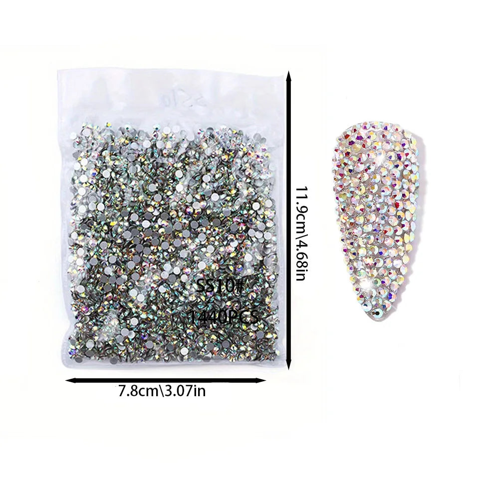 1440pcs Nail Clear/AB Glass Strass FlatBack Crystal Rhinestone (SS3-SS30)3D Nail Gem Stones Non-HotFix Nail Rhinestone
