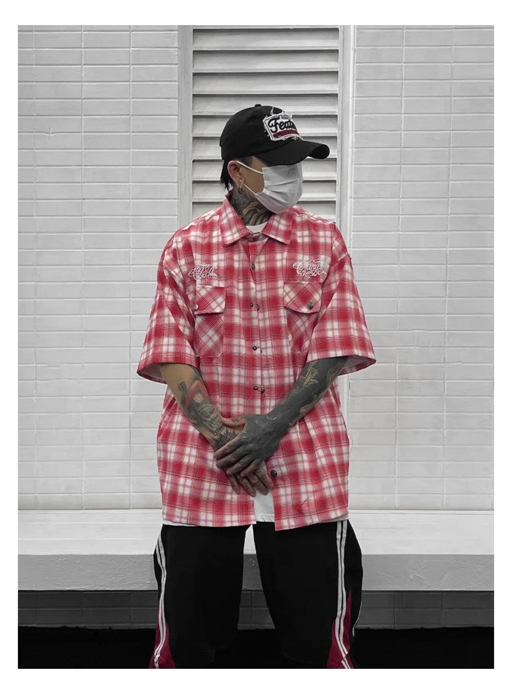 Chicano Safari Short Sleeve Shirt Mens Summer Streetwear Casual Loose Letter Embroidery Lapel Plaid Shirt Man