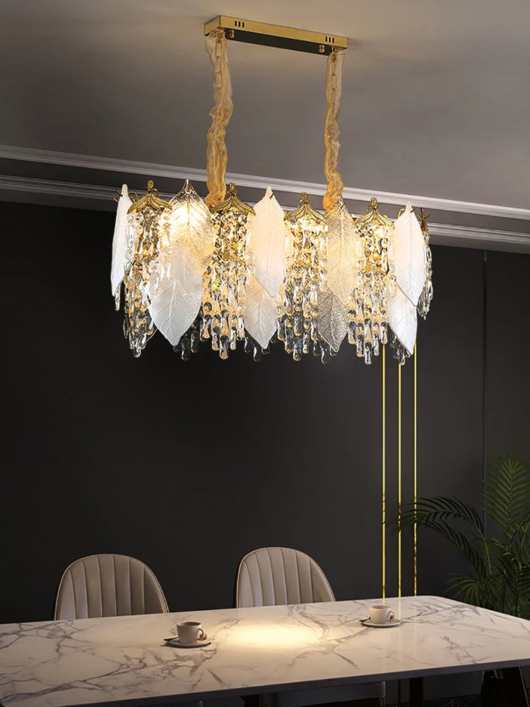Luxury Porcelain Glass Leaves Chandelier Modern Crystal Hanging Lamps Home Decor Lighting Lustre Villa Living Room Pendant Light