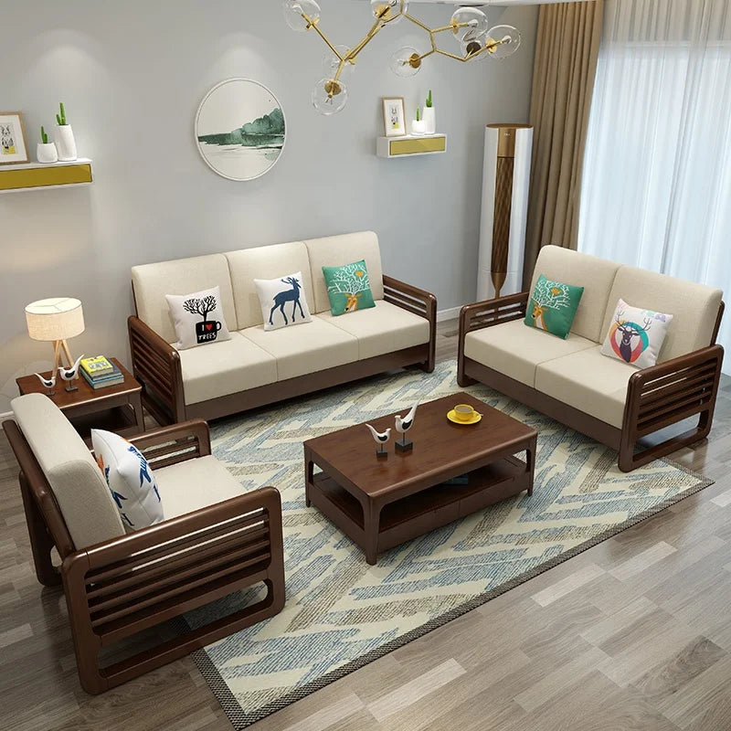 New Design Living Room High End Wholesale Customization Home Furniture Set Modern Solid Wood Frame Fabric Sectional Wooden Sofa