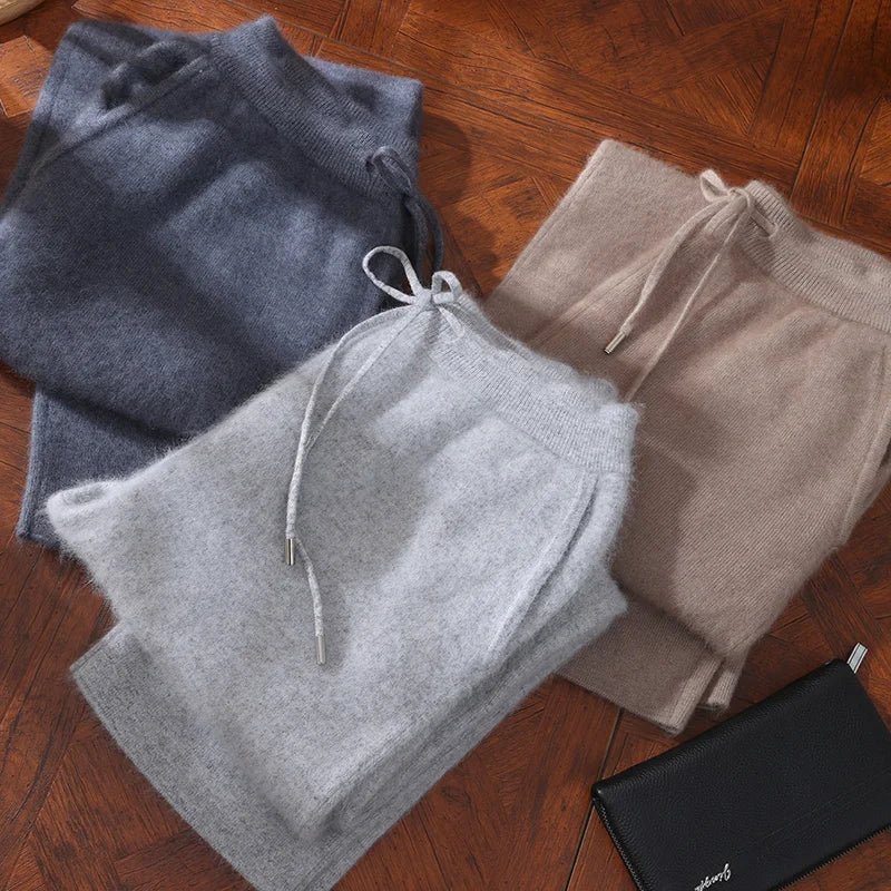 100% Mink Cashmere Pants Autumn Winter New Men' Elastic Waist Cashmere Pants Youth High-End Warm Outside Leggings Thick Casual