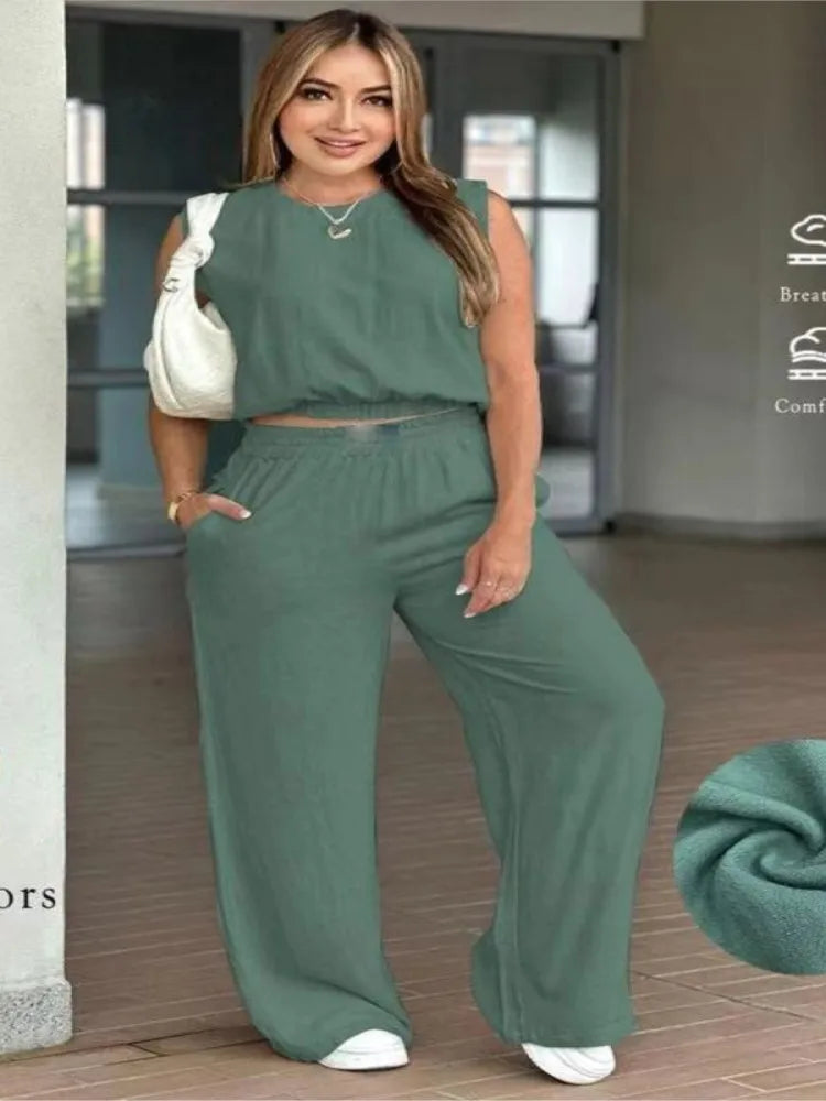 Fashion Ultra-short Sleeveless Top Trousers 2-piece Set Summer New Casual Pocket Loose Wide-leg Trousers Female Office Set 2025