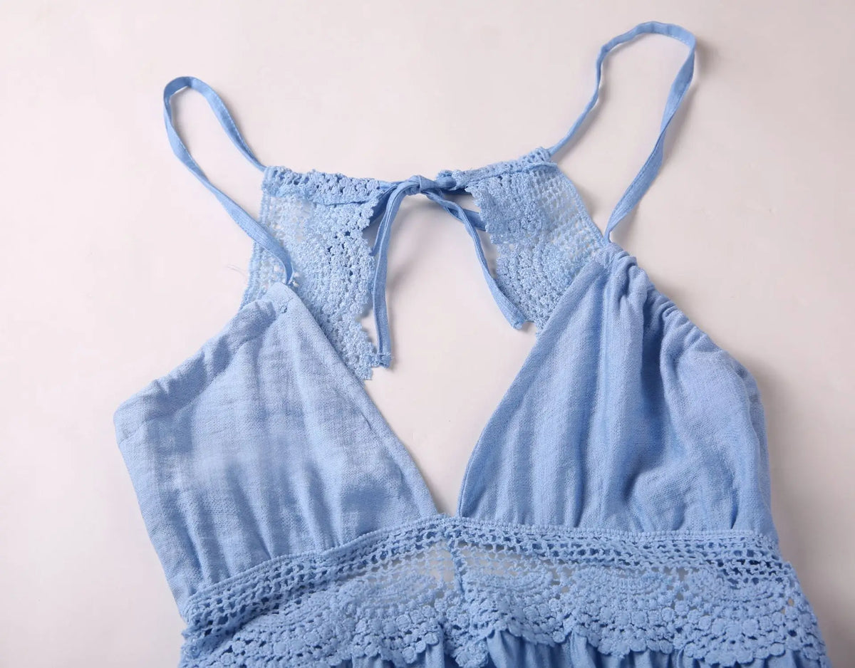 Women's Sexy Backless Lace Spliced Dress Summer V neck Mini Dresses Ladies Fashion Clothes Elegant Evening Dress Drop Shipping