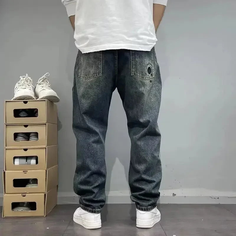 Heavy Duty Washed and Scraped Denim Jeans for Men, Stylish and Stylish, with High-end Embroidered Prints and Loose Tapered Strai