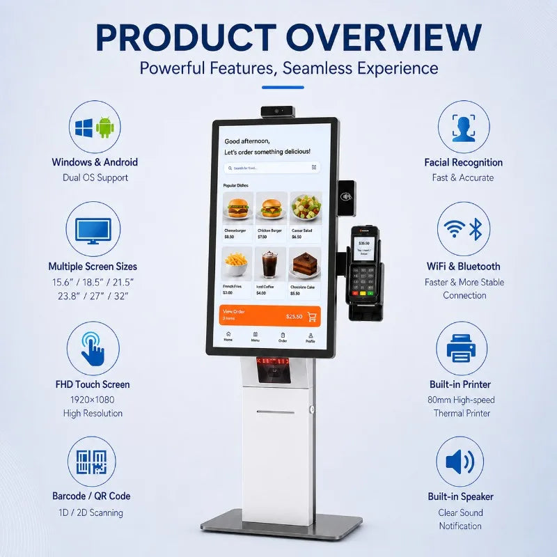 21.5 Inch Ordering Self Service Payment Floor Stand Wall Mount Touch Kiosk Android QR All in One Equipment in Restaurant
