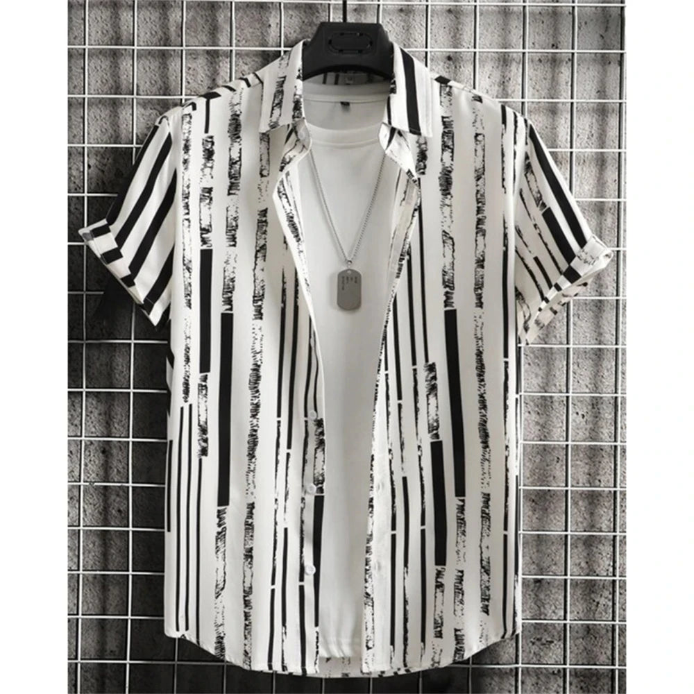 Summer Fashion Striped 3D Print Men's Shirts Basic Graphicsbutton Short Sleeve Lapel Streetwear Hawaiian Blouse Shirts for Men
