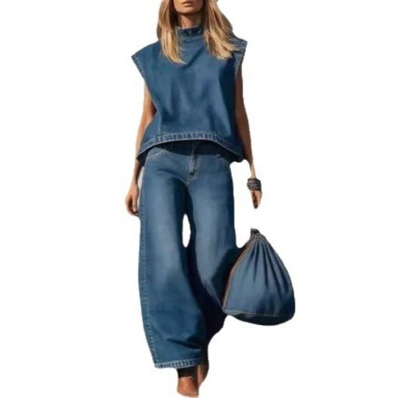 Denim Pant Set Women 2 Piece Sets Mock Neck Sleeveless Vests Wide Leg Pants Ankle Length Y2k Streetwear Vintage Washed Summer